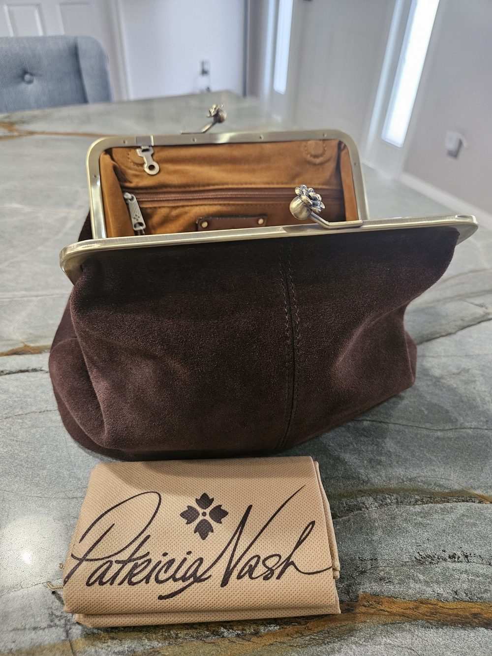 NWT Patricia Nash Sofia Chocolate Suede Kiss Lock Frame Bag Medium - Picture 14 of 15
